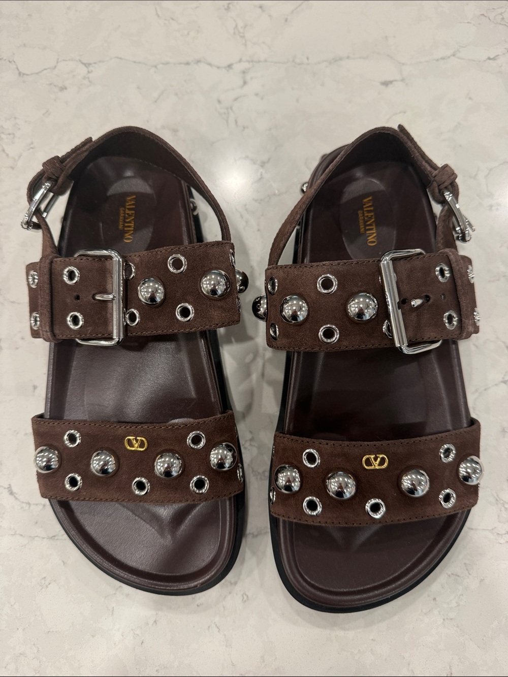 Valentino Nellcote Studded ankle-strap Brown Suede Sandals